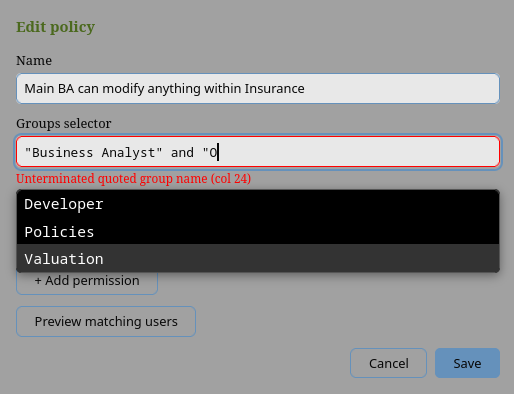 Group selector dropdown