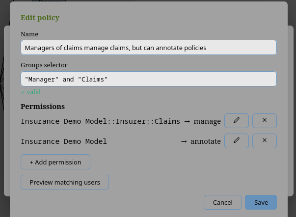 Edit policy dialog