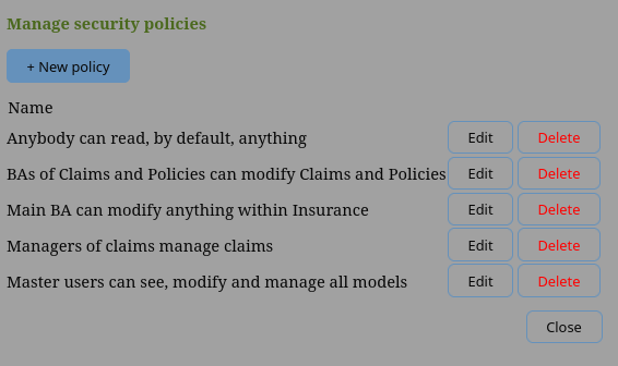 Manage security policies panel
